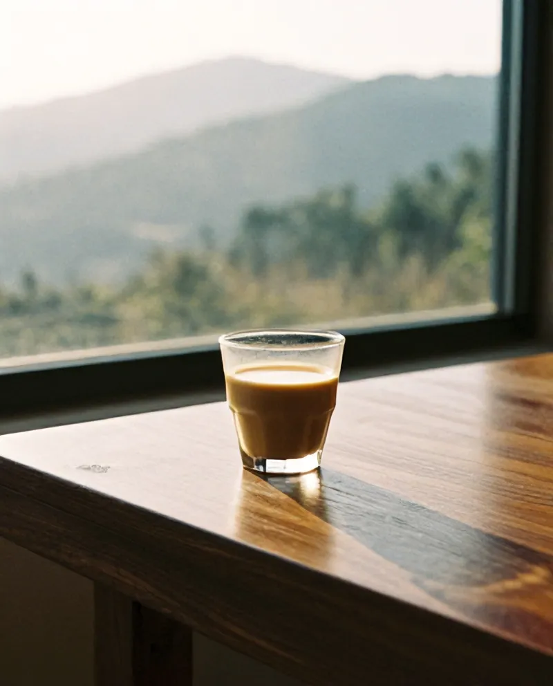 Gelas kopi di meja jati dekat jendela