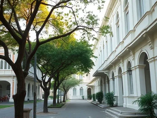 Jalan berpohon rindang dengan rumah kolonial