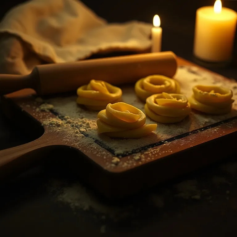 Nests of fresh tagliatelle dusted with semolina on a wooden board