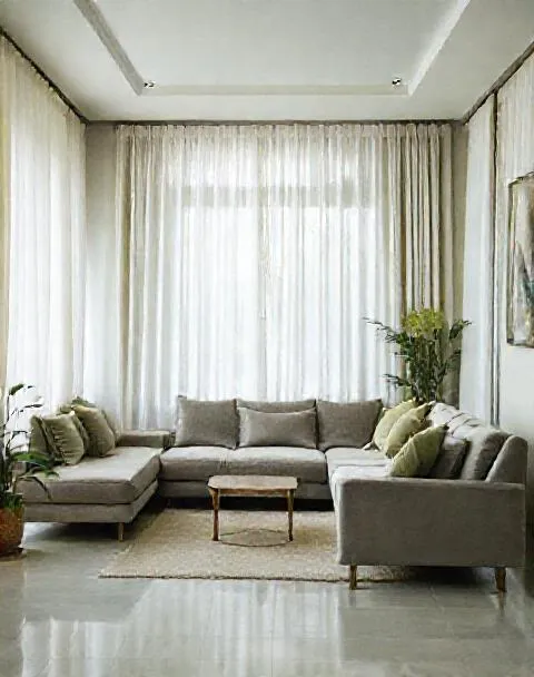 Ruang tamu dengan sofa abu