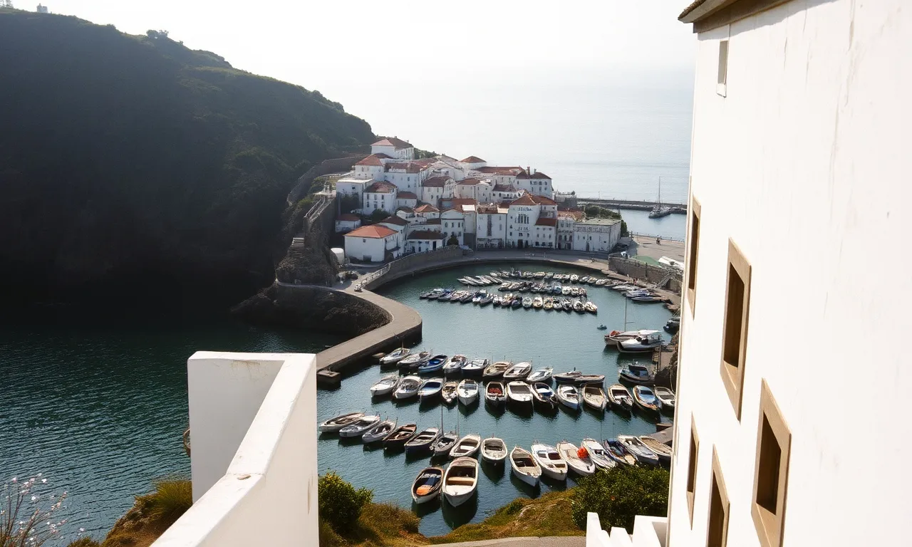 Ericeira harbour and the whitewashed town from the coast path