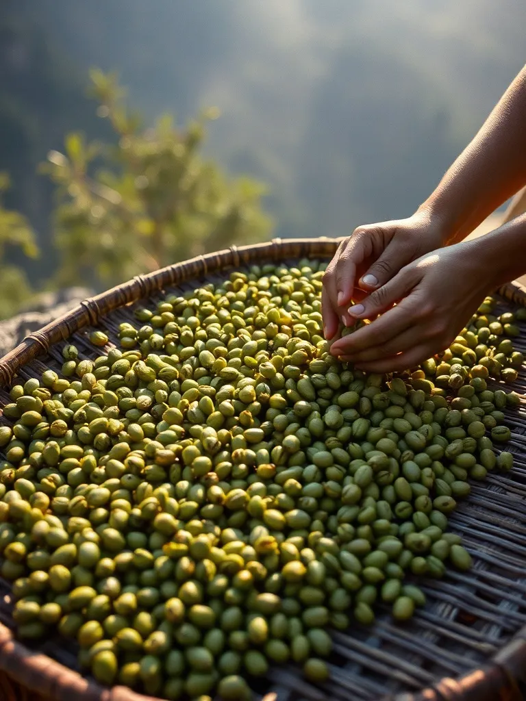 Biji kopi dijemur di tampah bambu
