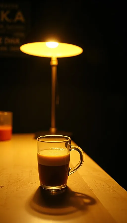 Gelas kopi di meja bar dengan cahaya lampu