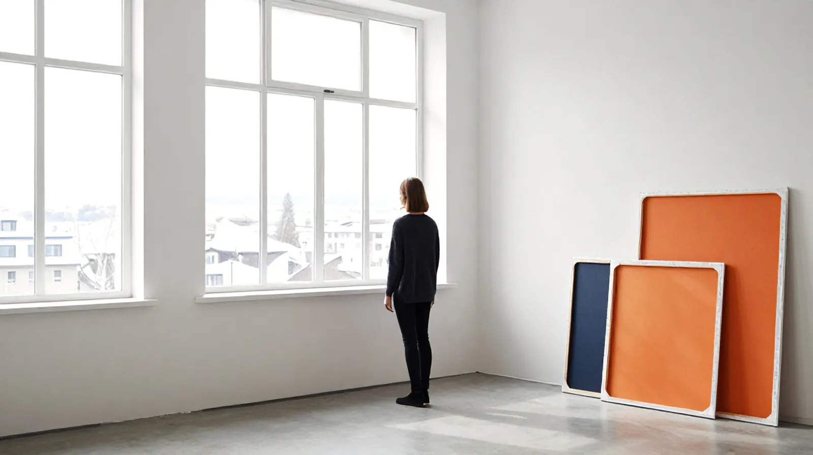 Mara at the tall window of her Södermalm studio