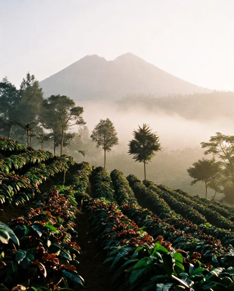 Kebun kopi di lereng curam kaki Merapi dalam kabut pagi