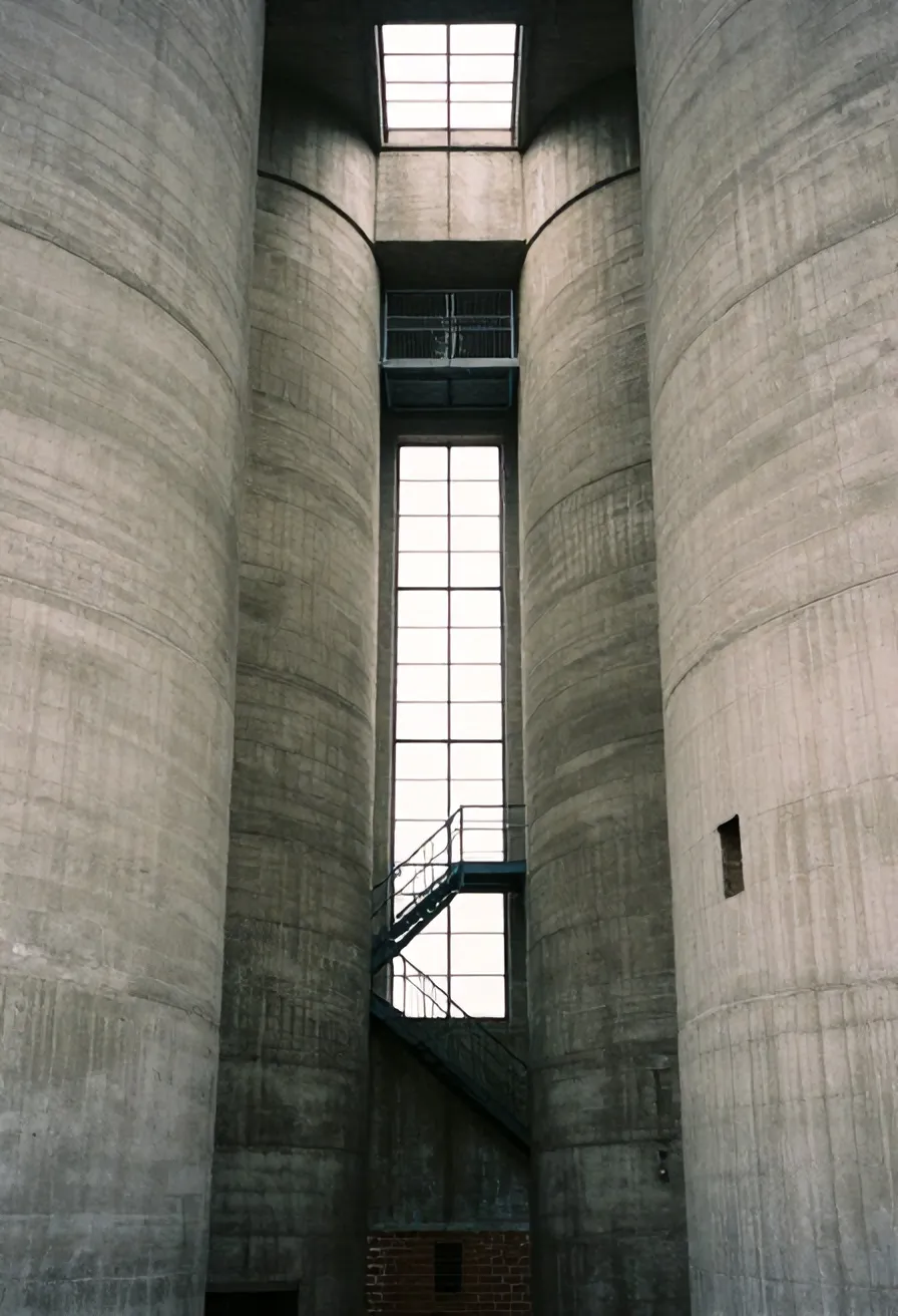 Raw concrete funnels and a steel staircase rising toward a high window inside the Maassilo