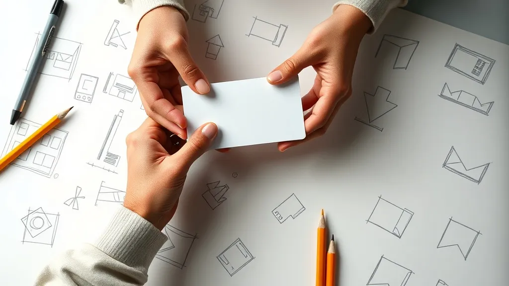 Hands holding a bank card over a desk of logo sketches