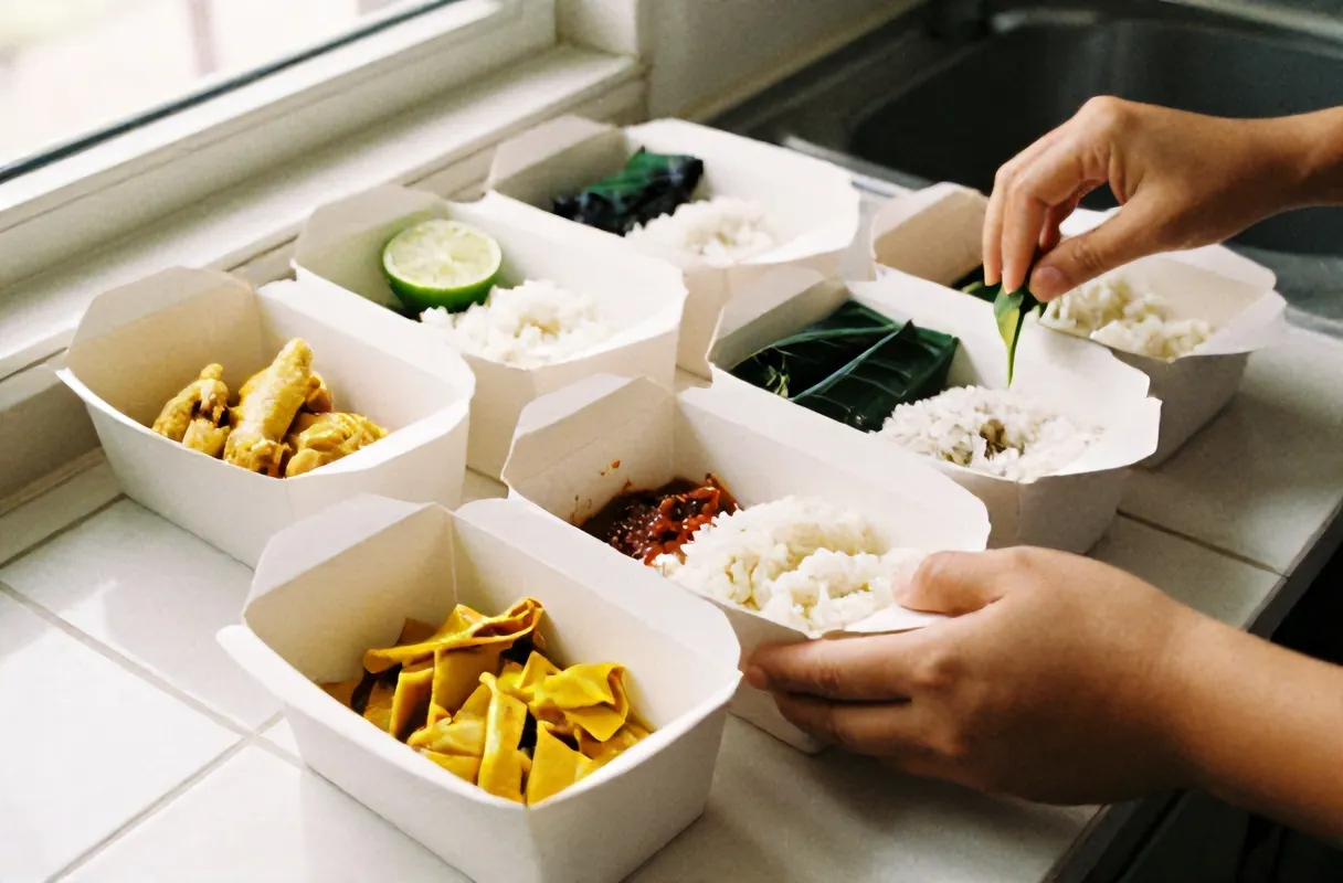 Tangan Bu Sri menata lauk ke dalam deretan kotak nasi kertas putih di meja dapur
