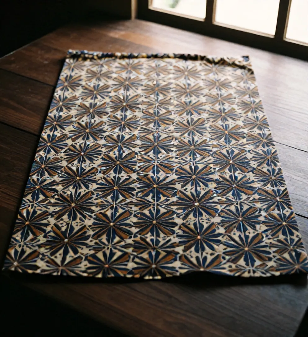 Kain batik Jlamprang dengan pola bintang bersudut delapan, indigo dan soga
