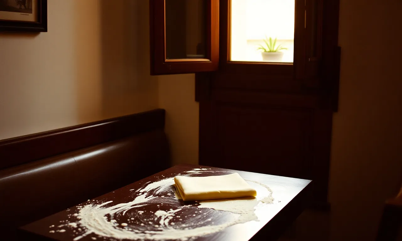 Fresh pasta sheets rolled out on a floured wooden table