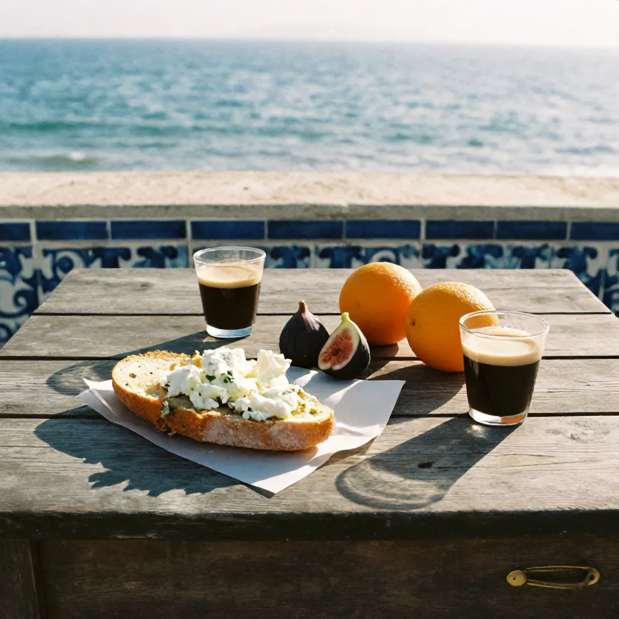 Breakfast on a wooden table: pão de Mafra, fresh cheese, figs, oranges and two galão glasses