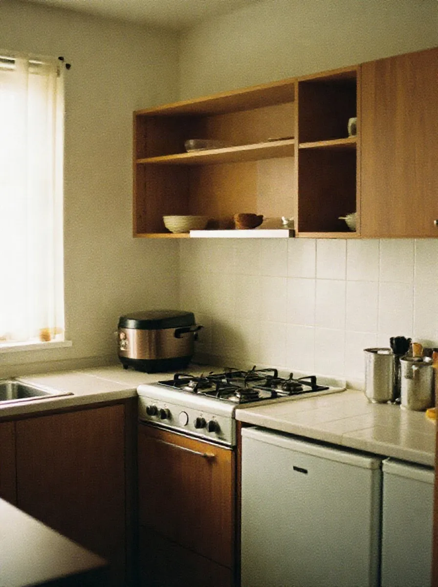 Dapur bersama dengan kompor dua tungku dan rak terbuka