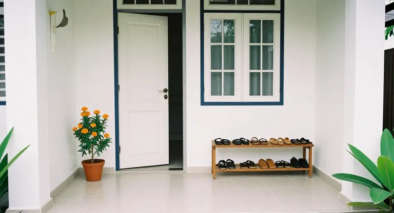 Teras depan dengan rak sandal di samping pintu