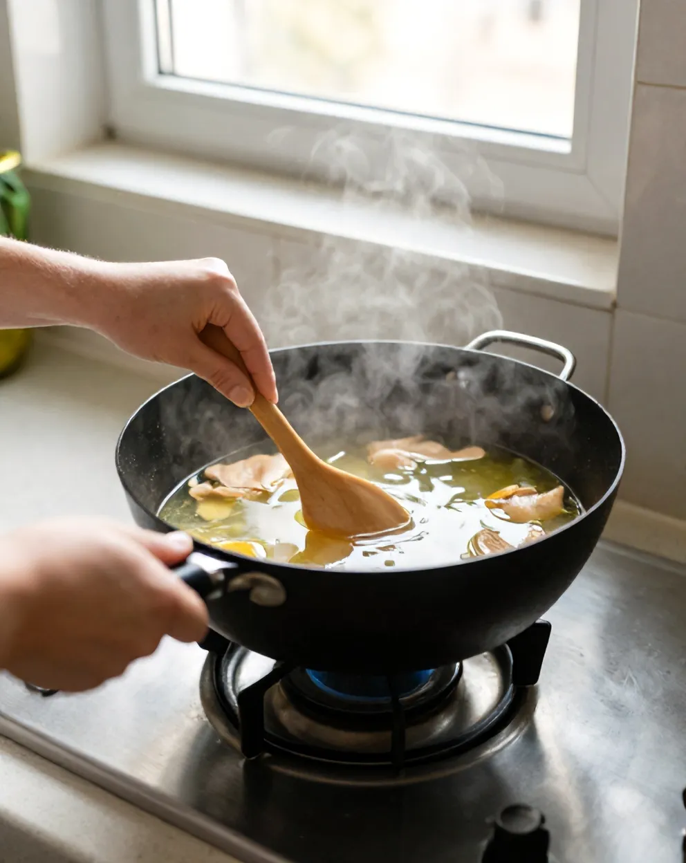 Tangan Bu Sri mengaduk kuah ayam di wajan besar di dapur rumah berubin