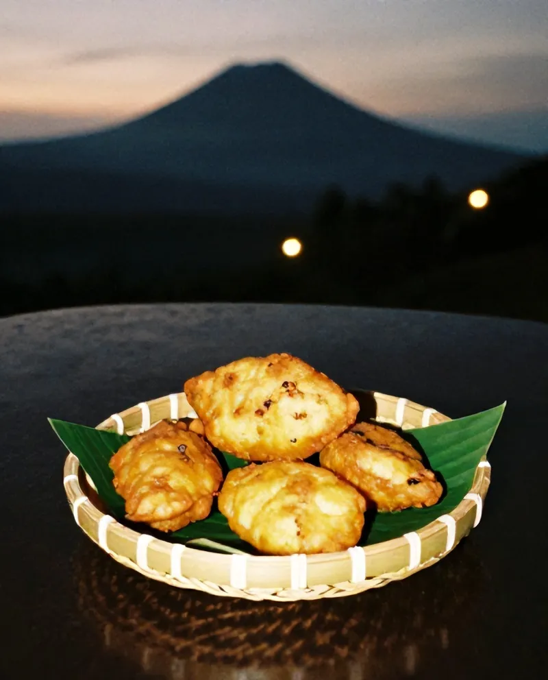 Pisang goreng keemasan di atas nampan bambu beralas daun pisang
