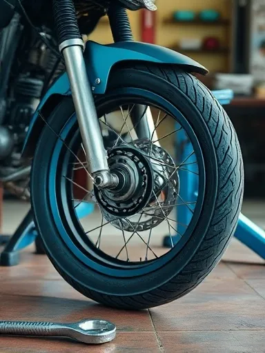 Roda motor dengan ban baru di lantai bengkel