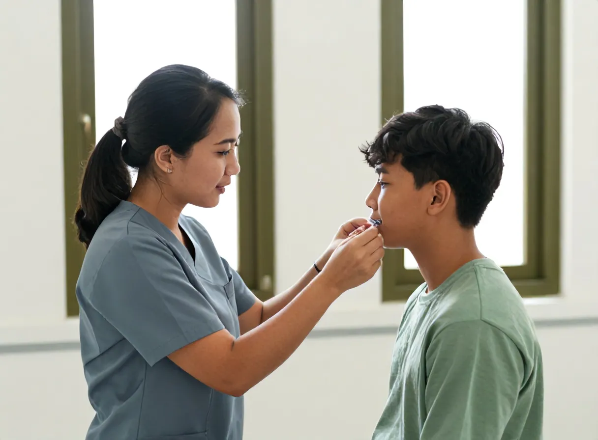 Dokter ortodonti menyesuaikan behel pada pasien remaja