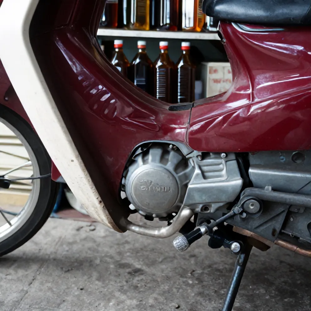Ganti oli motor di lantai bengkel, botol oli berjajar di rak