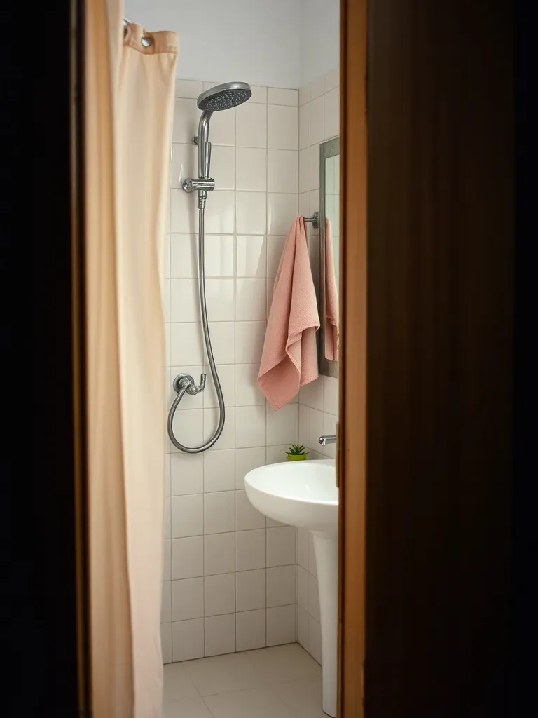 Kamar mandi dalam berkeramik dengan wastafel dan shower