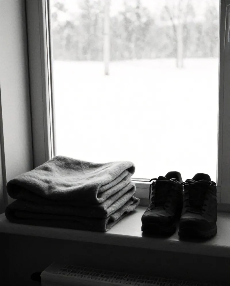 Walking shoes by a winter window