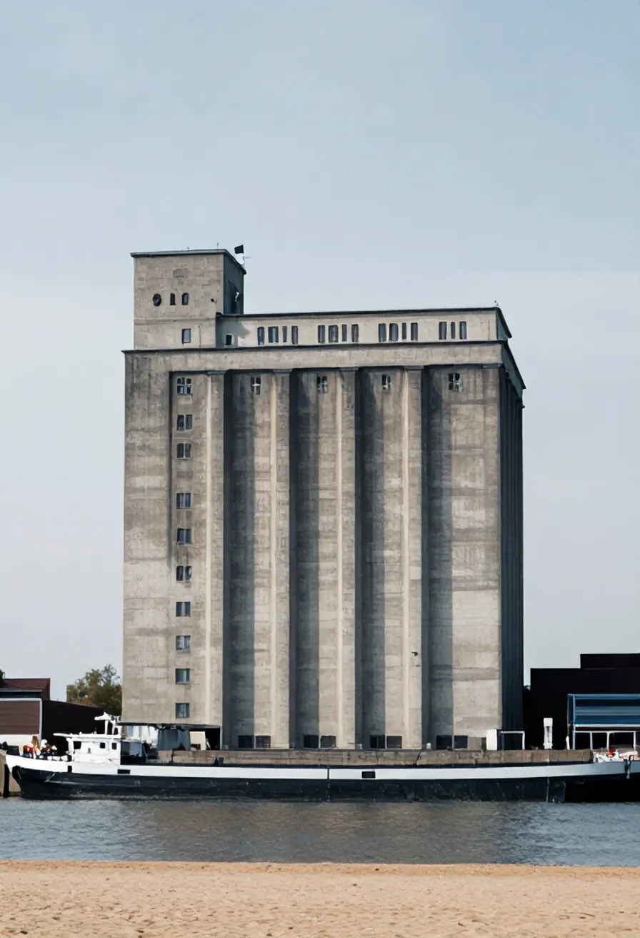The Maassilo grain silo seen across the water of the Maashaven in Rotterdam-Zuid