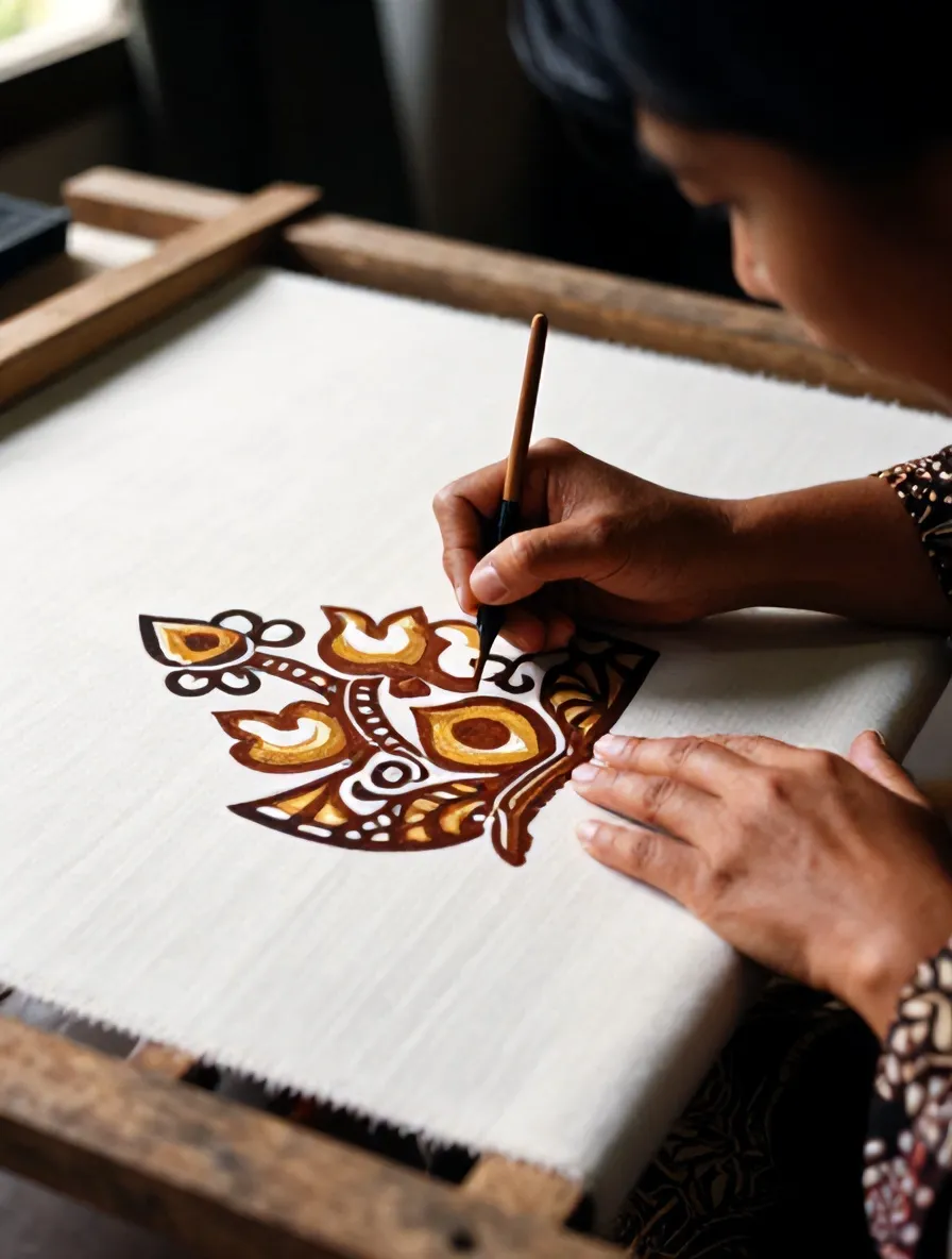 Pembatik Pekalongan menggambar motif Jlamprang dengan canting