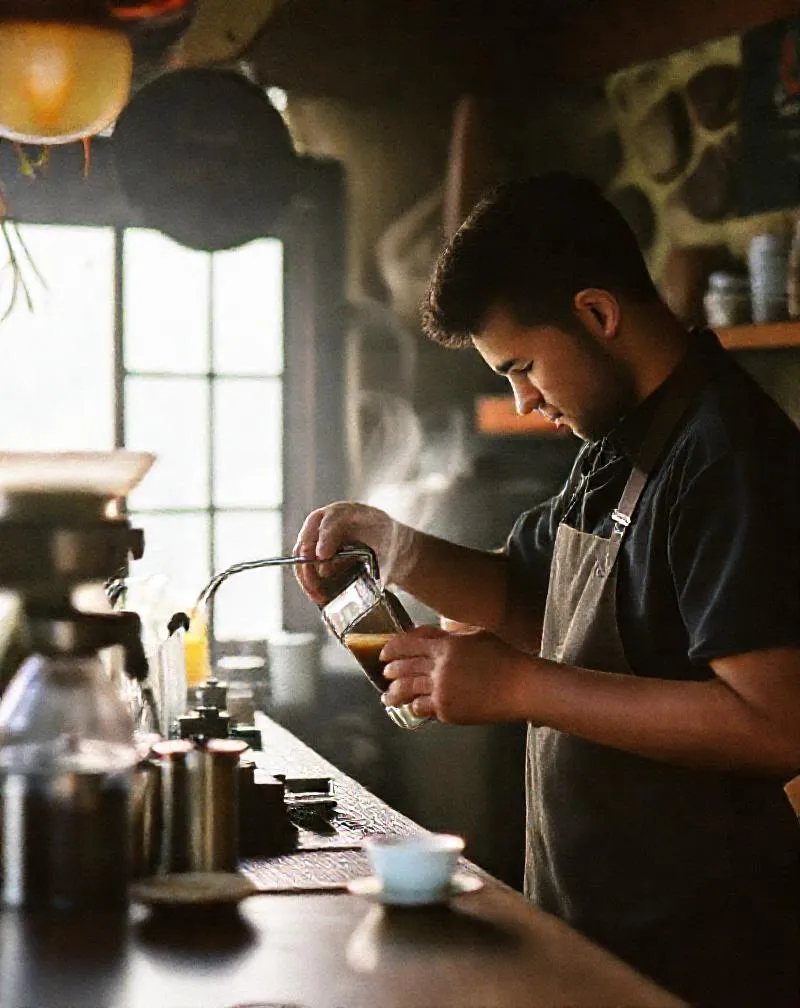 Barista menuang air panas di atas kopi