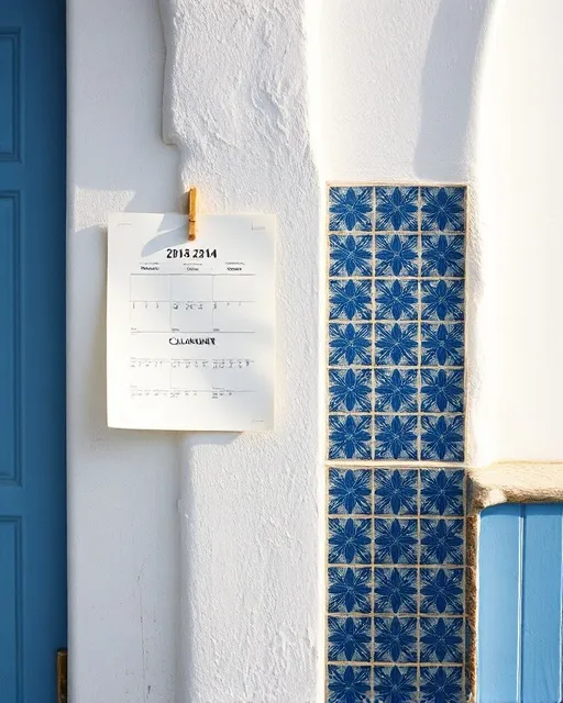 A calendar on a whitewashed wall beside blue tiles
