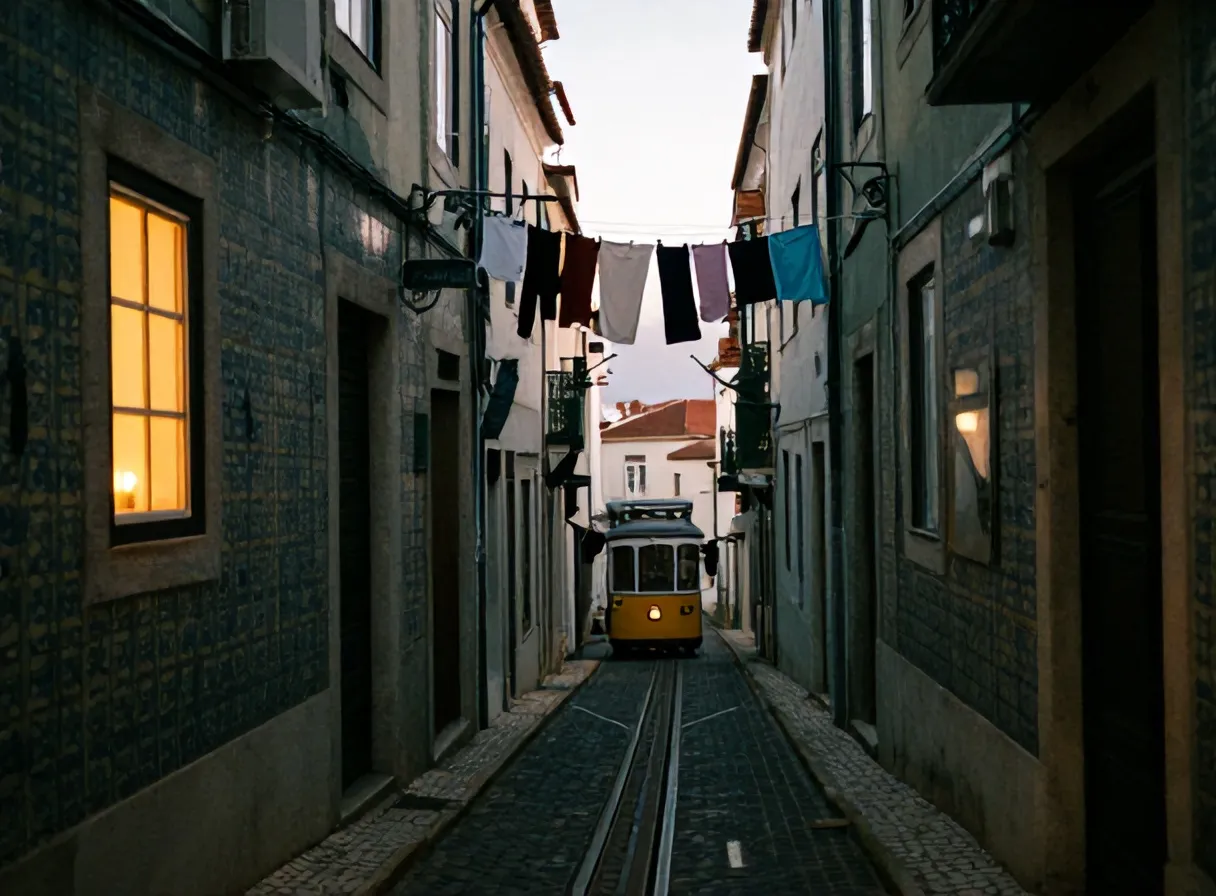 A steep Alfama lane with tiled walls at dusk
