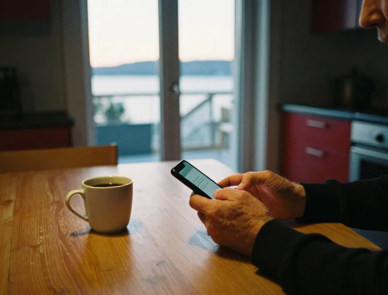 An older person's hands holding a phone at a kitchen table