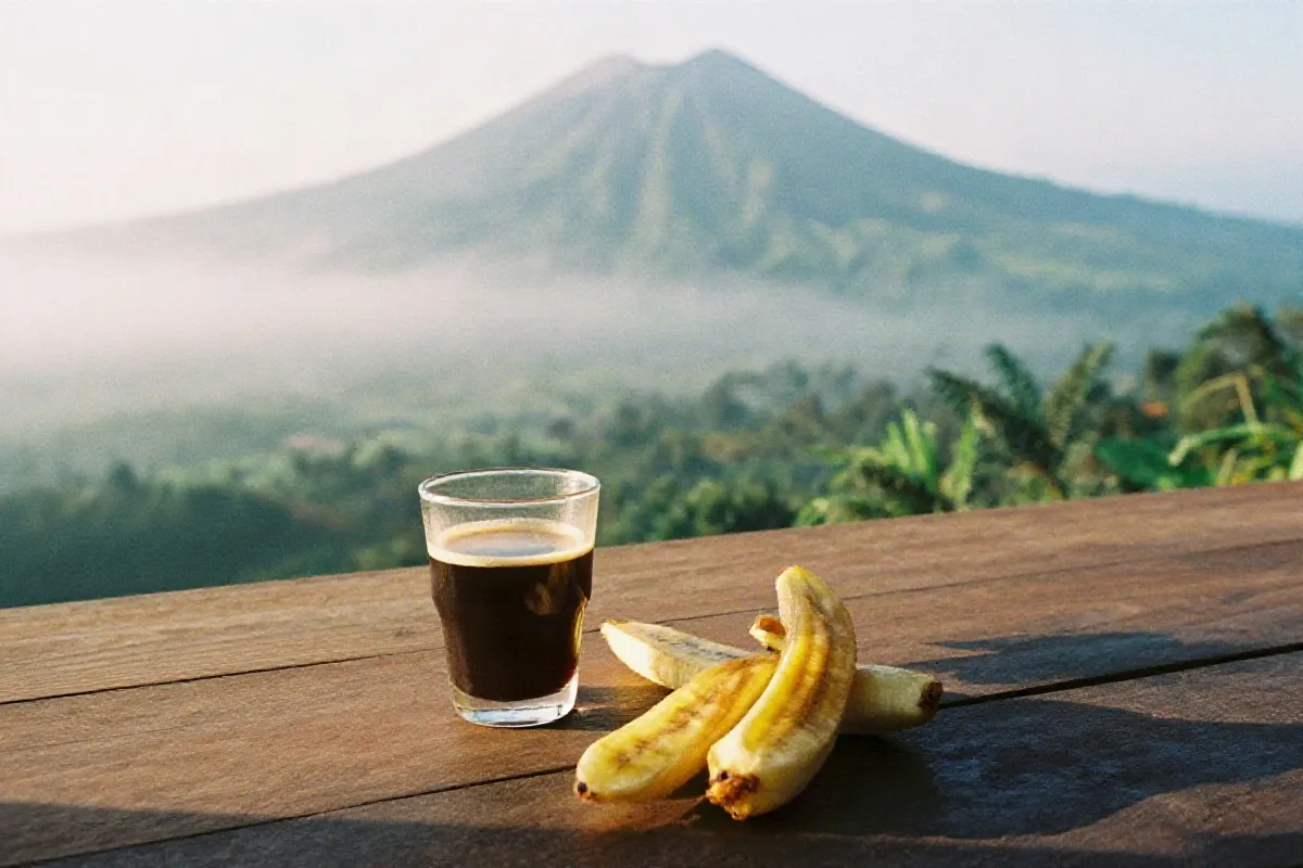 Kopi tubruk dan pisang goreng di meja teras