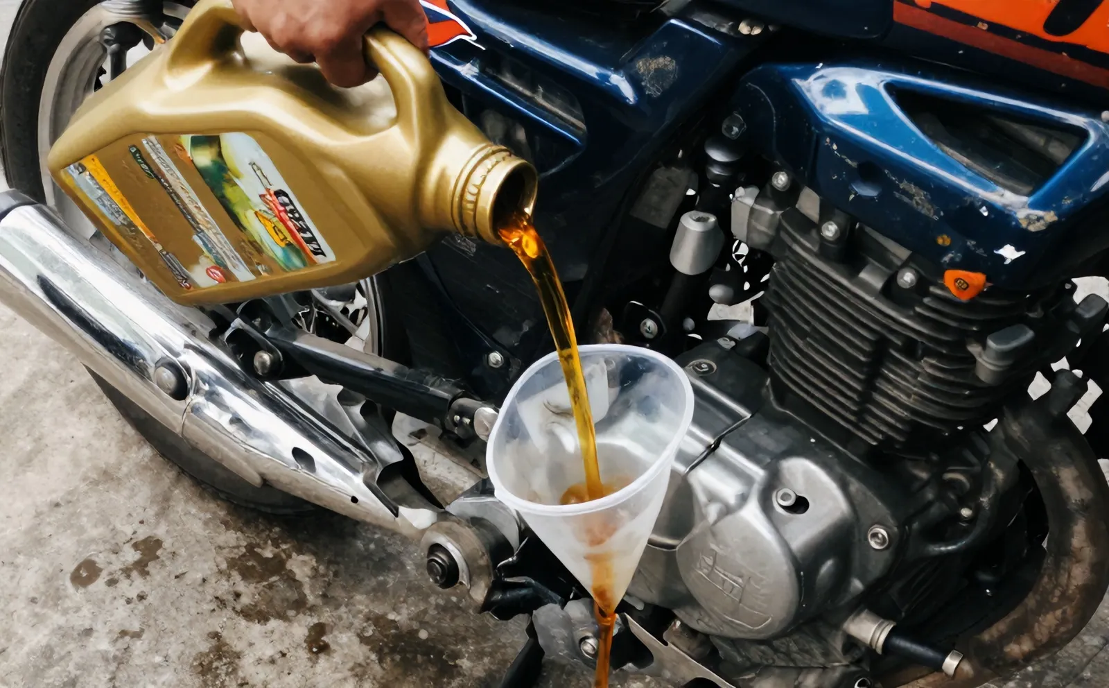 Oli baru dituang ke mesin motor