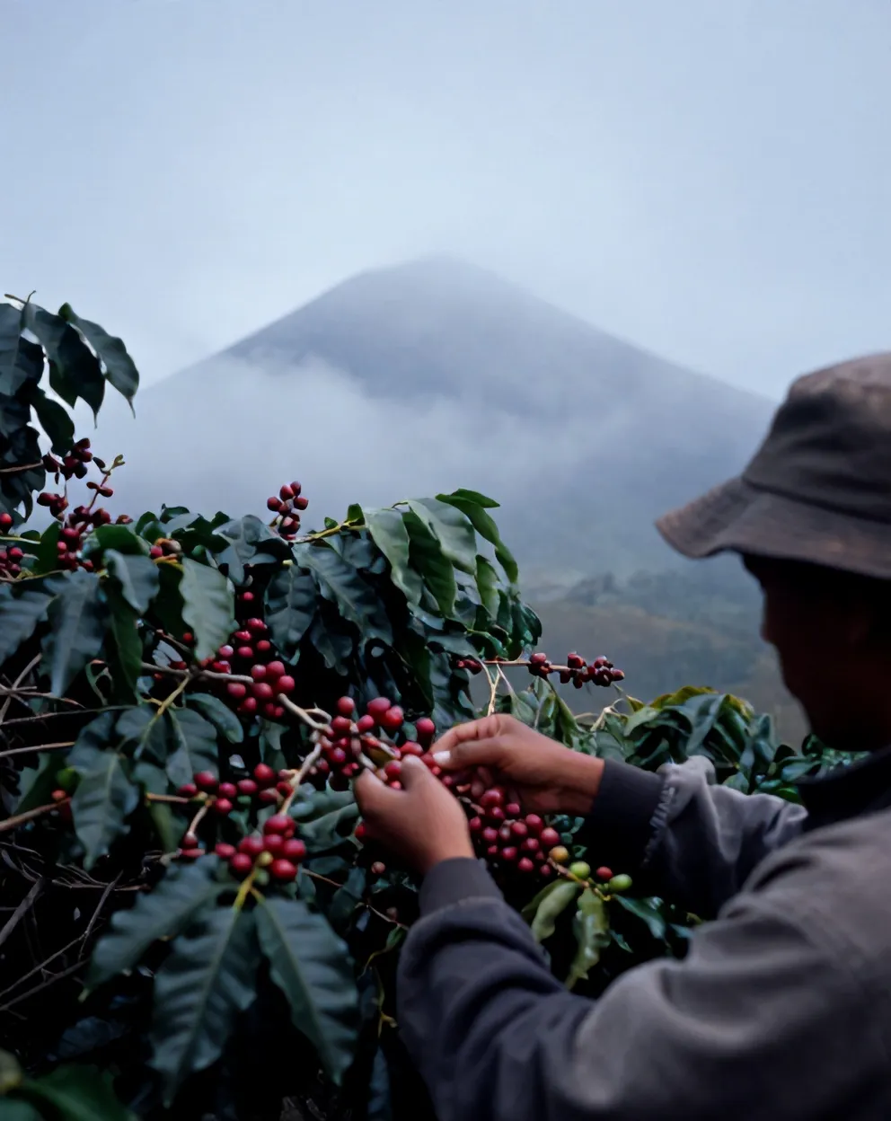 Tangan petani Turgo memetik buah kopi merah dari semak di lereng