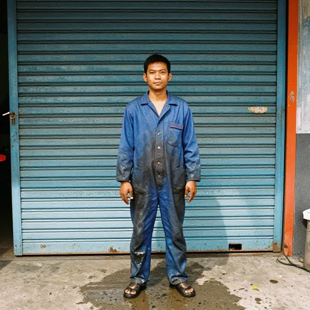 Montir Jaya Abadi di depan rolling door bengkel