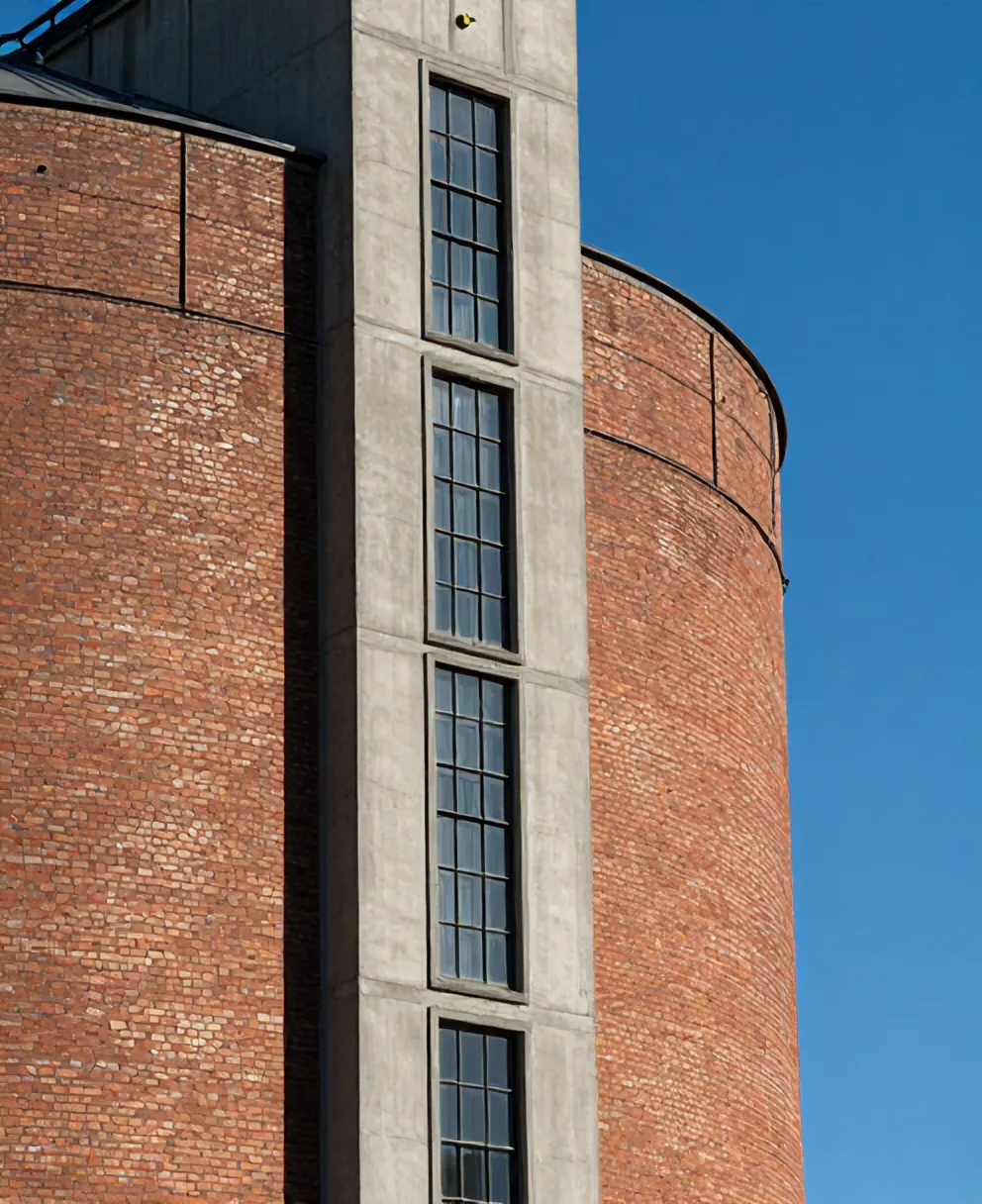 Close view of the silo's brick wall and steel windows against a blue sky