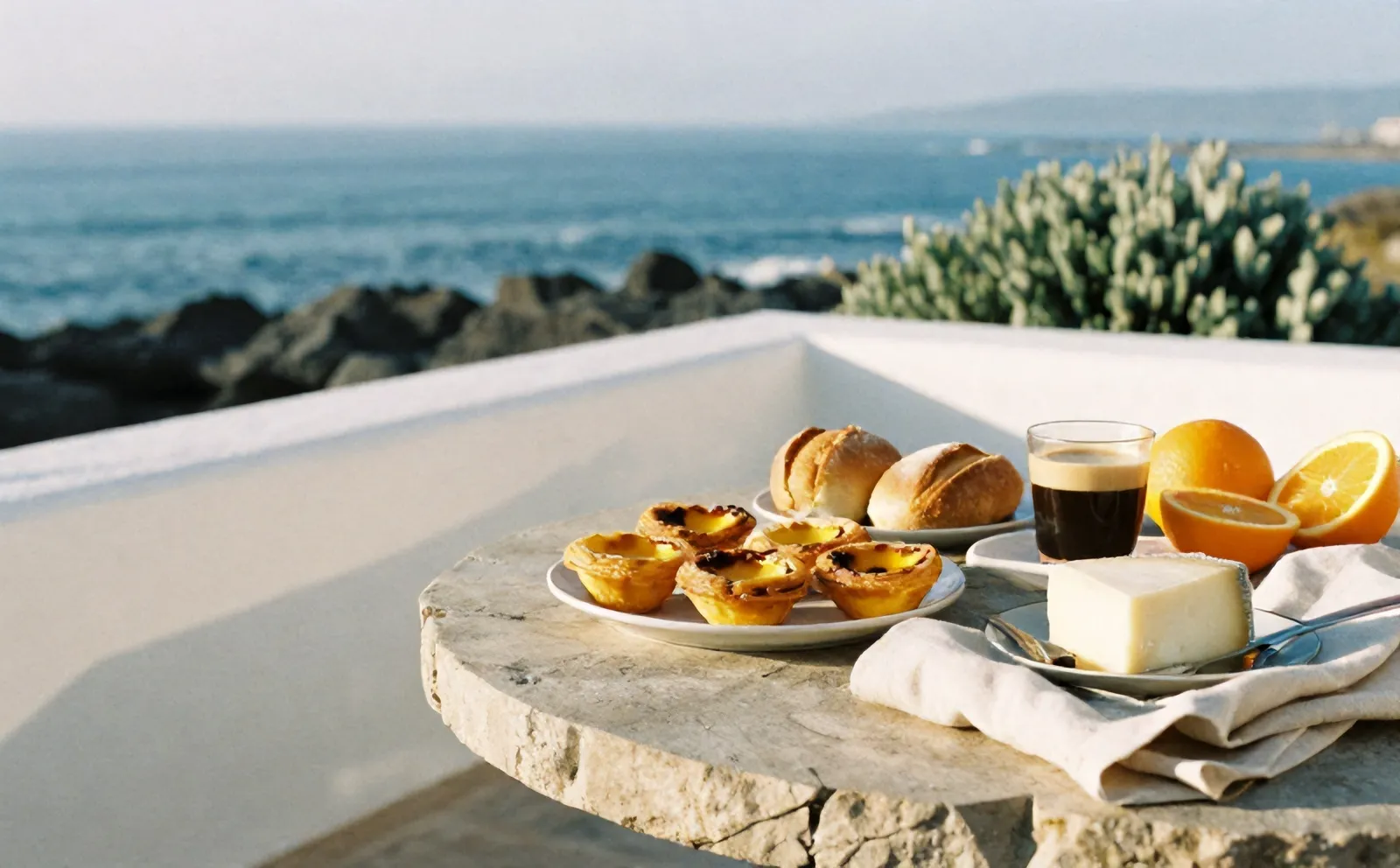 Breakfast on the stone terrace: pastéis de nata, bread, cheese, oranges and coffee in a glass
