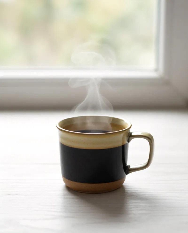 A steaming cup of coffee on a wooden table