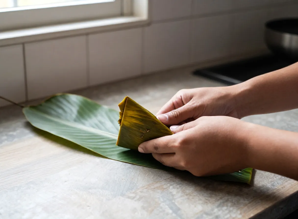 Tangan Bu Sri melipat bungkusan garang asem dari daun pisang di meja dapur kayu
