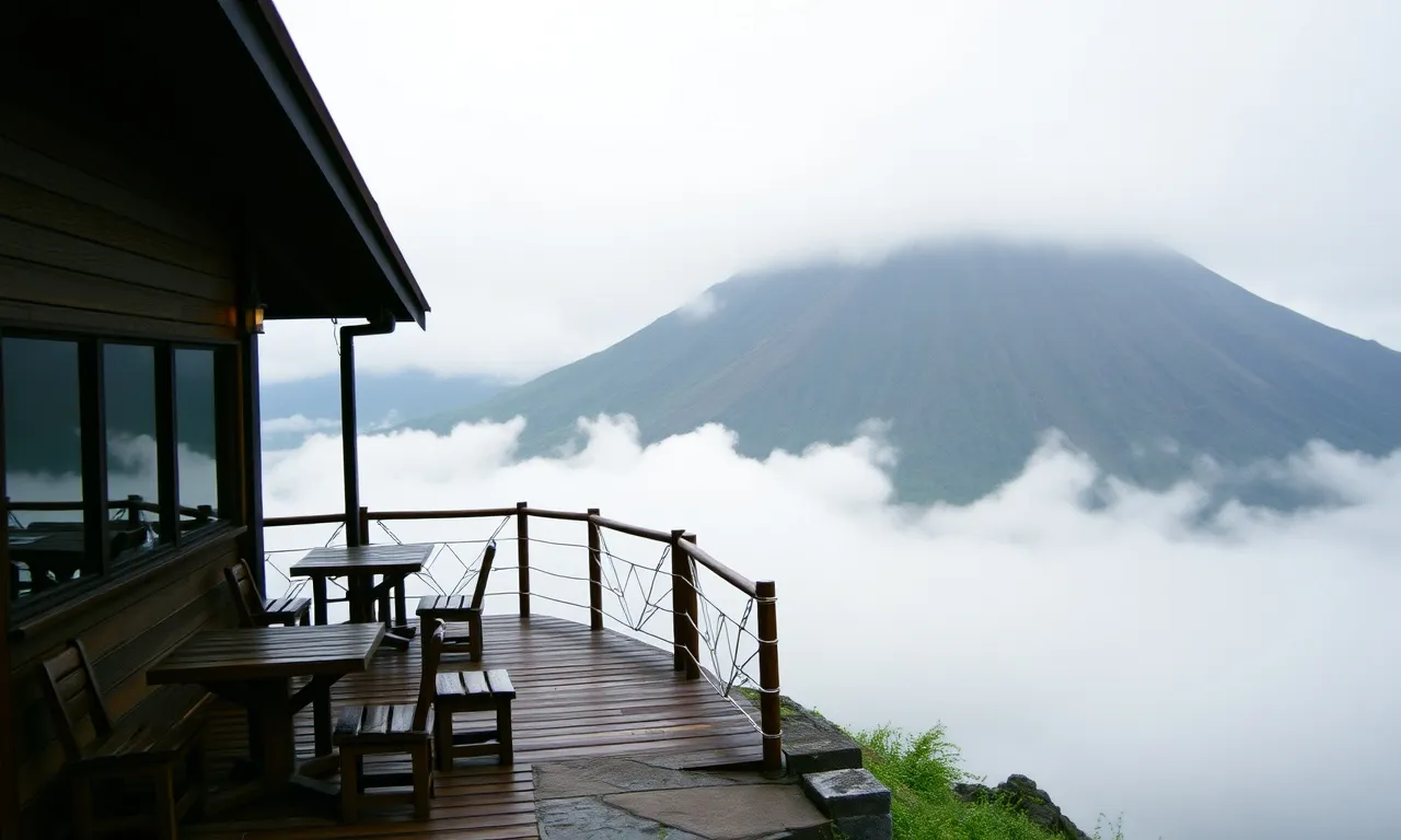 Teras kayu kedai dengan beberapa meja menghadap Merapi