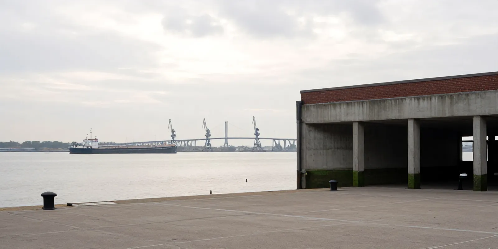 Maashaven harbour water with a moored barge and cranes, the Erasmusbrug hazy beyond