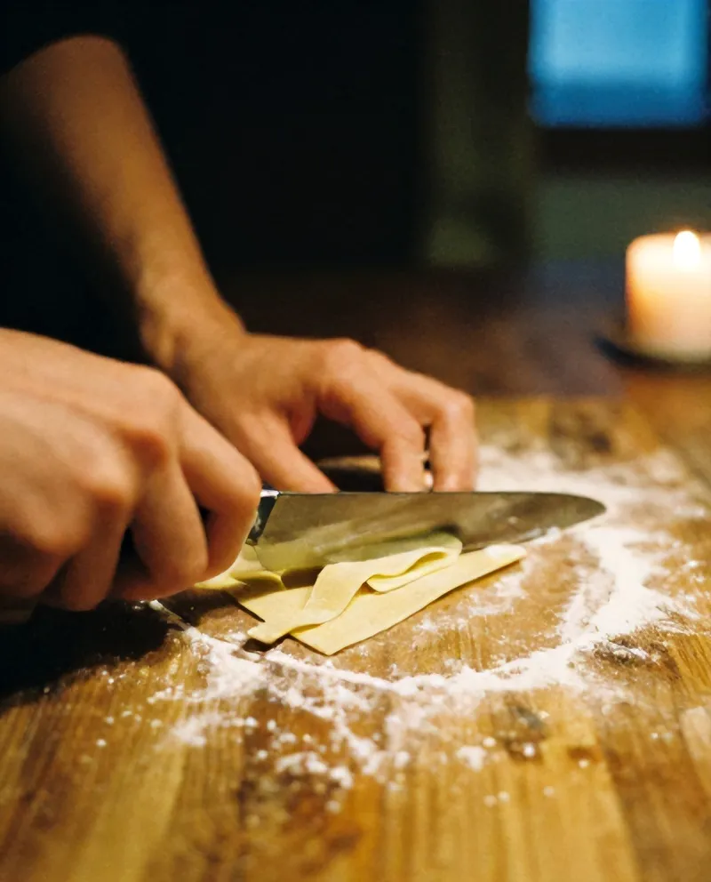 Floured hands cutting egg pasta into tagliatelle on a wooden board