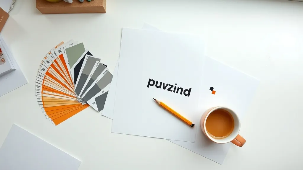 A designer's desk from above: printed proofs, a swatch fan, a pencil and a coffee cup
