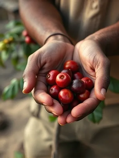 Tangan petani Turgo menggenggam buah kopi merah yang baru dipetik
