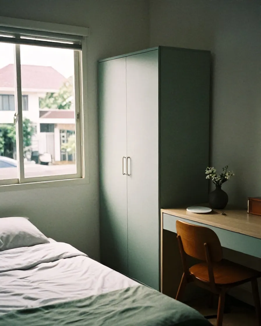 Kamar kos dengan kasur, lemari dan meja belajar