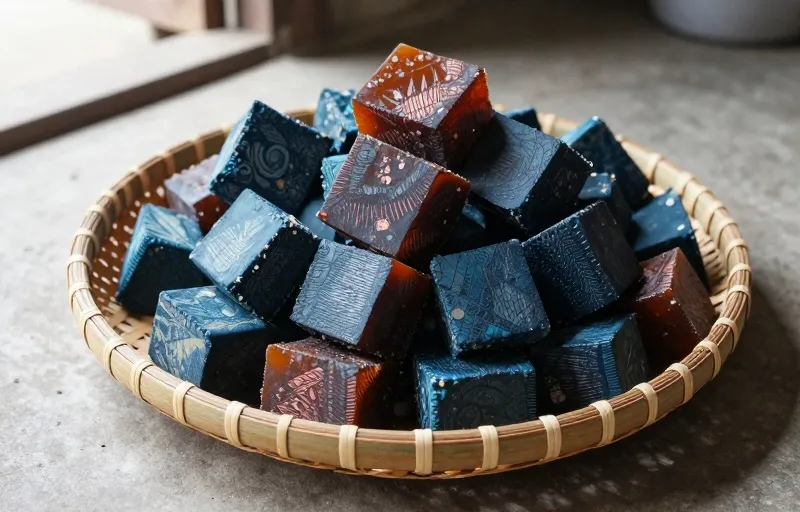 Bongkahan malam batik berwarna amber di nampan bambu