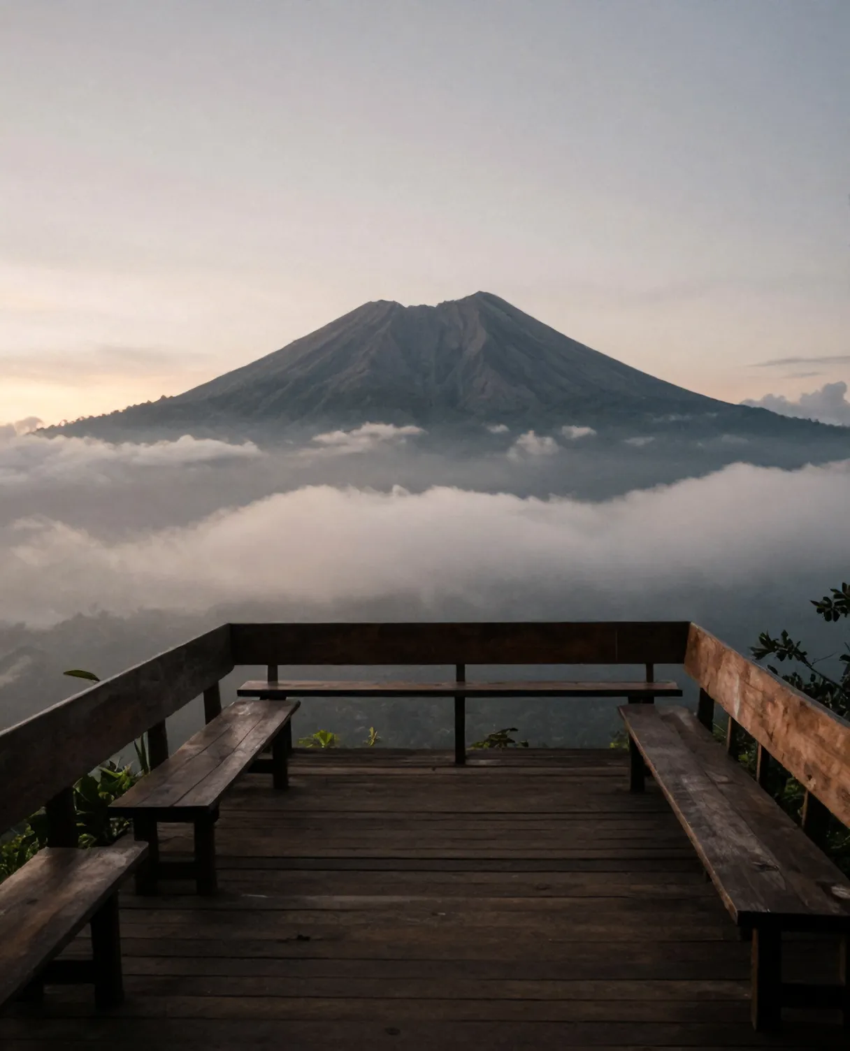 Teras kayu kedai saat fajar, bangku menghadap Gunung Merapi di atas awan