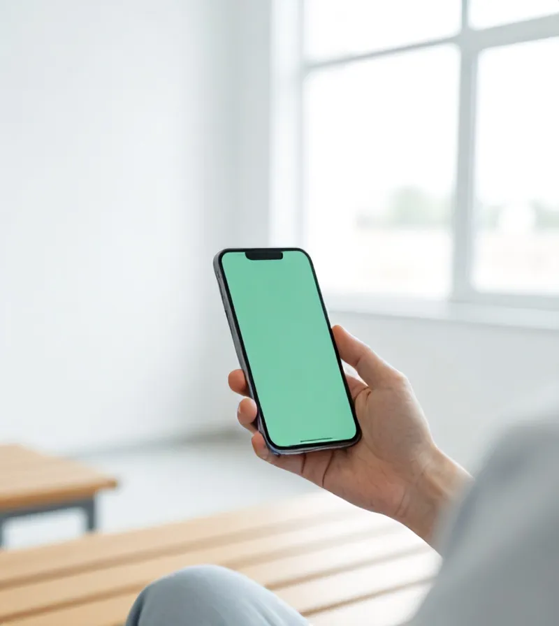 Tangan pasien memegang ponsel dengan chat WhatsApp di bangku ruang tunggu