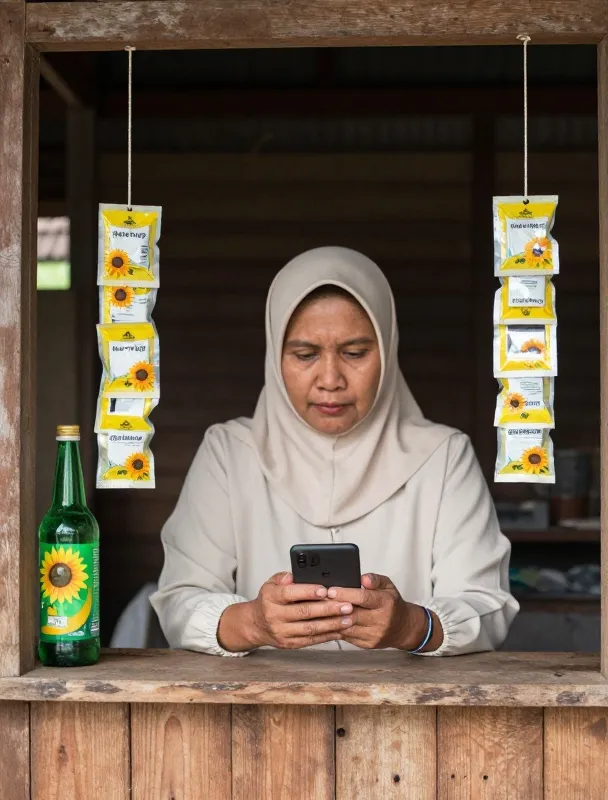 Pemilik warung di balik meja kayu memegang HP Android, renceng sachet tergantung di sekelilingnya