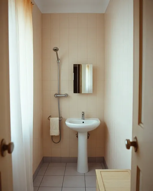 Kamar mandi dalam berdinding keramik dengan shower dan wastafel