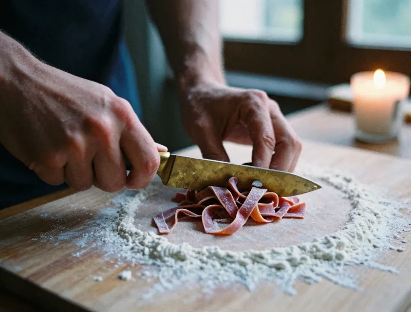 Hands cutting fresh tagliatelle on a floured board